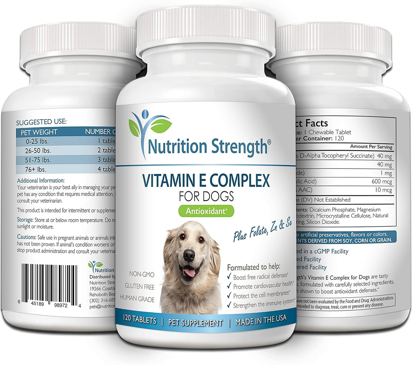 Dog Vitamin E Complex with Zinc, Selenium, Folate & Salmon Oil - 120 Chewable Tablets for Cardiovascular Health & Immune System Support