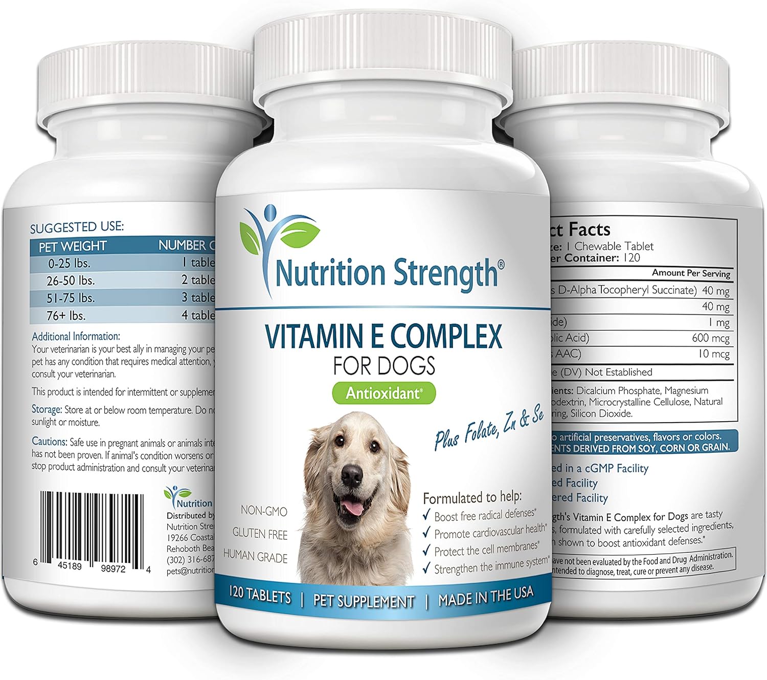 Dog Vitamin E Complex with Zinc, Selenium, Folate & Salmon Oil - 120 Chewable Tablets for Cardiovascular Health & Immune System Support