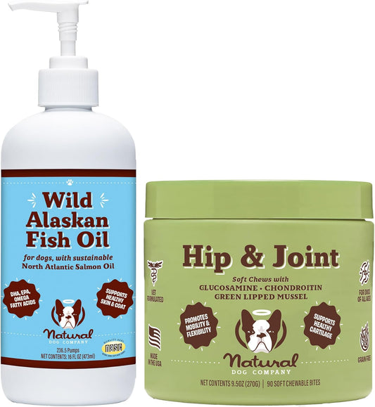Dog Vitamins & Supplements Bundle: Hip & Joint Chews + Wild Alaskan Fish Oil - Complete Wellness Pack for Dogs