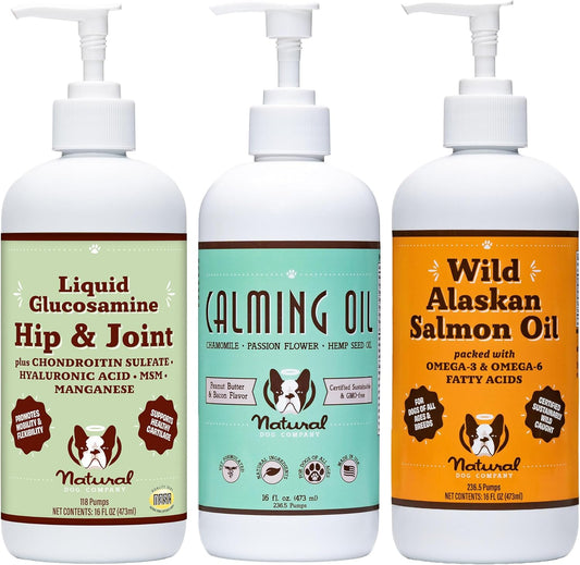 Dog Wellness Bundle: Wild Alaskan Salmon Oil, Liquid Glucosamine, Calming Oil - Natural Dog Company