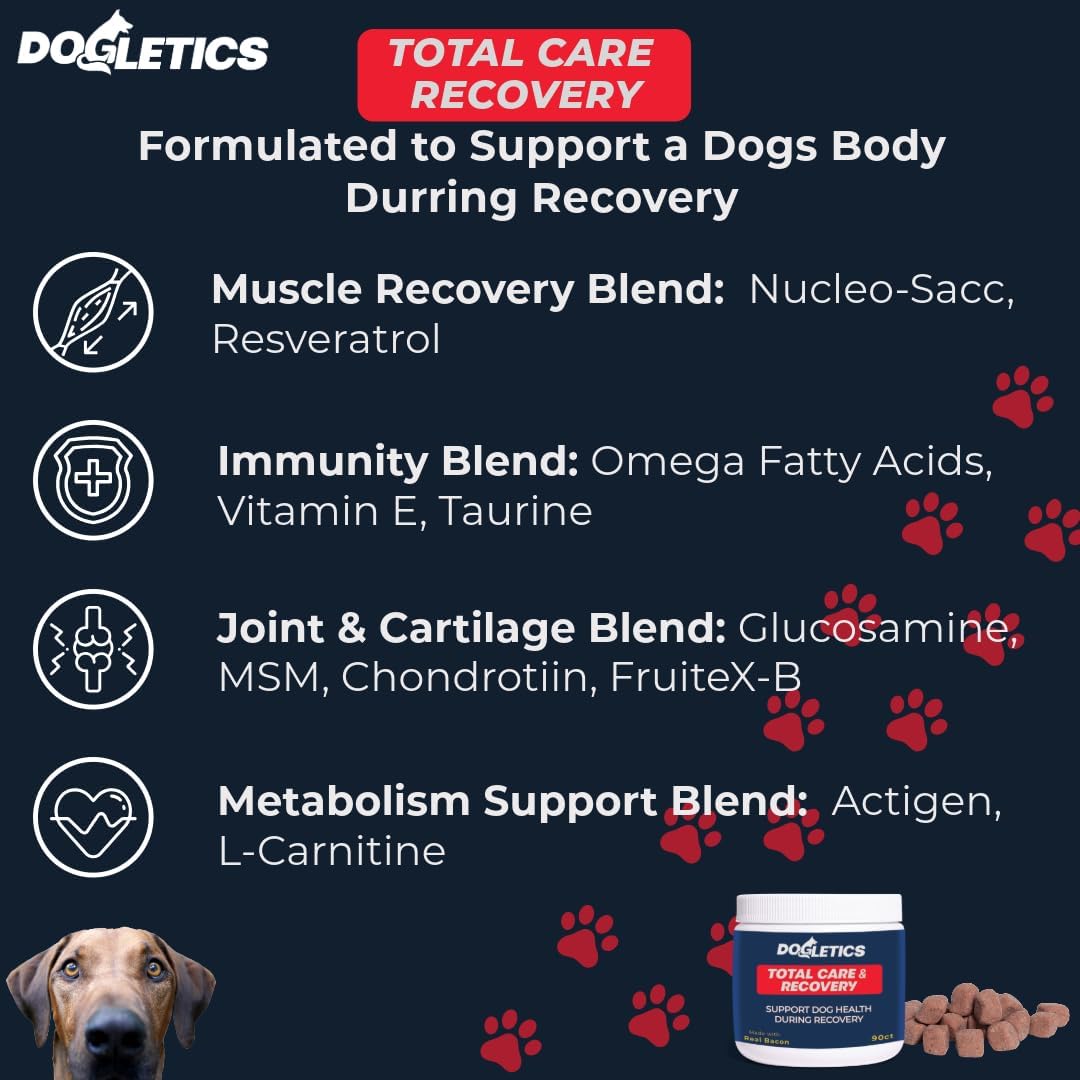 Dogletics Total Care & Recovery - Bacon Flavored Dog Support Supplements for Illness, Injury, and Chronic Health Issues (90 Count)