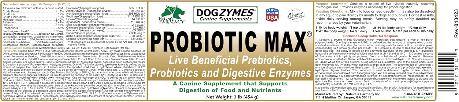 Dogzymes Probiotic Max - 10 Billion CFU's for Dogs - Digestive Support for Diarrhea, Gas, Allergies - 1 lb