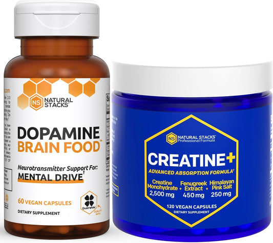 Dopamine Brain Food and Creatine Monohydrate Bundle - Boosts Mental Drive and Brain Health - Advanced Absorption Formula - 180 Capsules