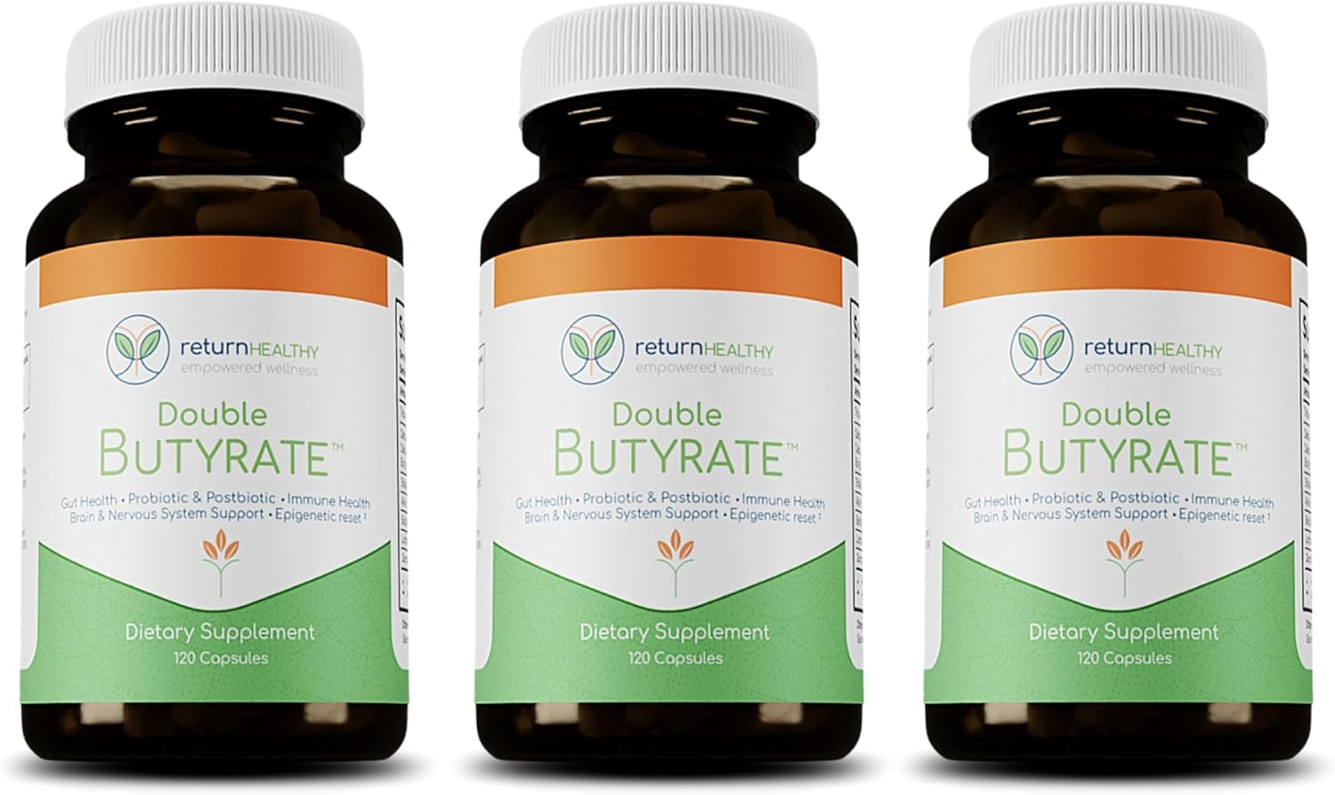 Double Butyrate Gut Health Supplement with Probiotic & Postbiotic Digestive Support - 120 Capsules, 3 Pack - Enhances Immune, Brain, & Nervous Systems - Odor-Free Formula