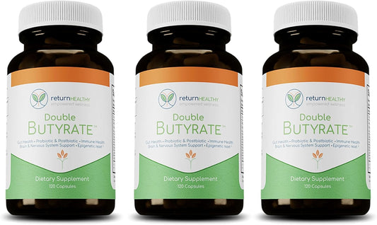 Double Butyrate Gut Health Supplement with Probiotic & Postbiotic Digestive Support - 120 Capsules, 3 Pack - Enhances Immune, Brain, & Nervous Systems - Odor-Free Formula