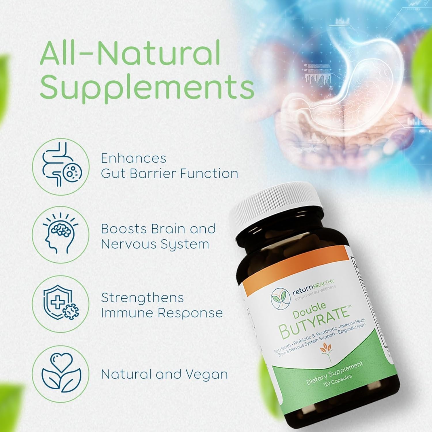 Double Butyrate Gut Health Supplement with Probiotic & Postbiotic Digestive Support - 120 Capsules, 3 Pack - Enhances Immune, Brain, & Nervous Systems - Odor-Free Formula