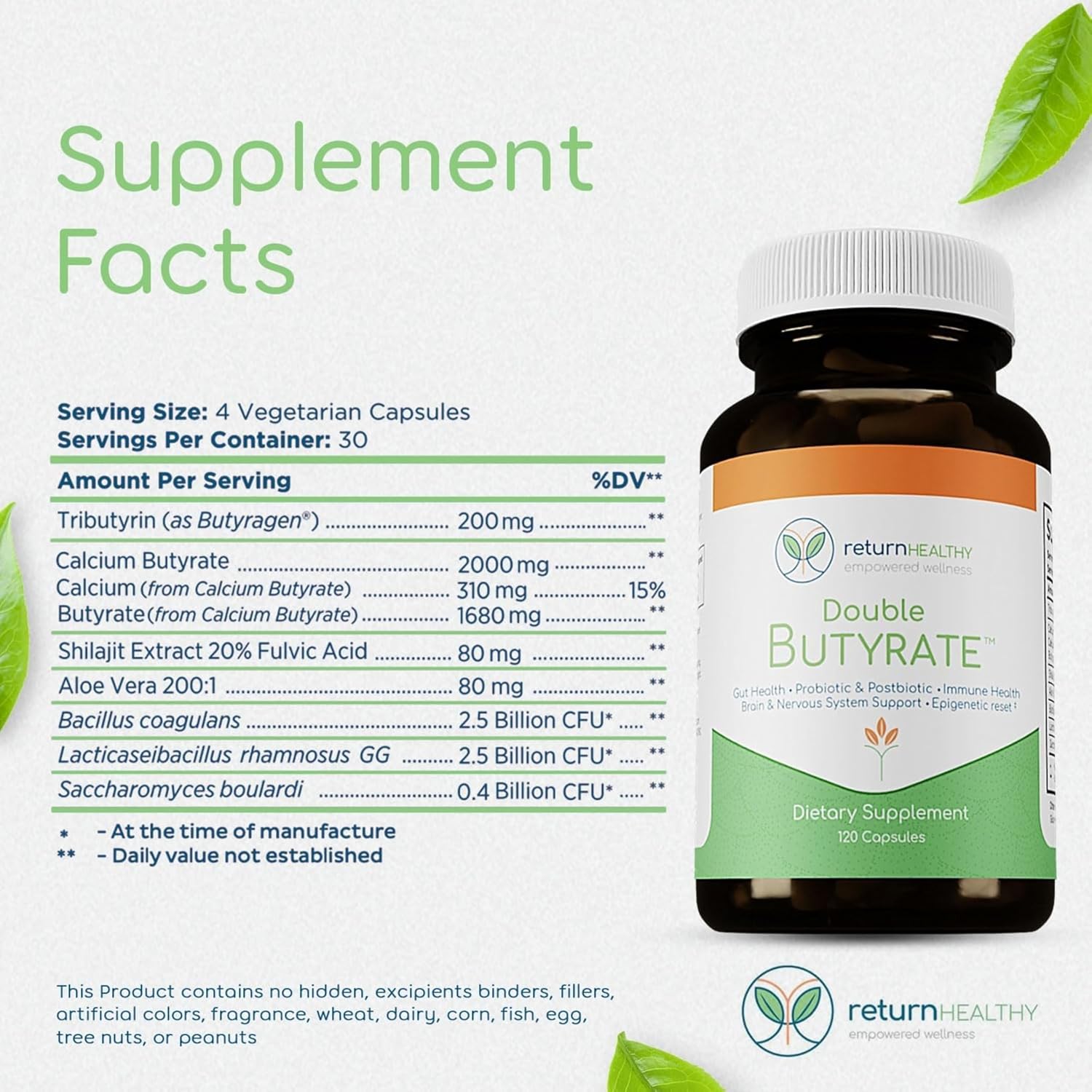 Double Butyrate Gut Health Supplement with Probiotic & Postbiotic Digestive Support - 120 Capsules, 3 Pack - Enhances Immune, Brain, & Nervous Systems - Odor-Free Formula