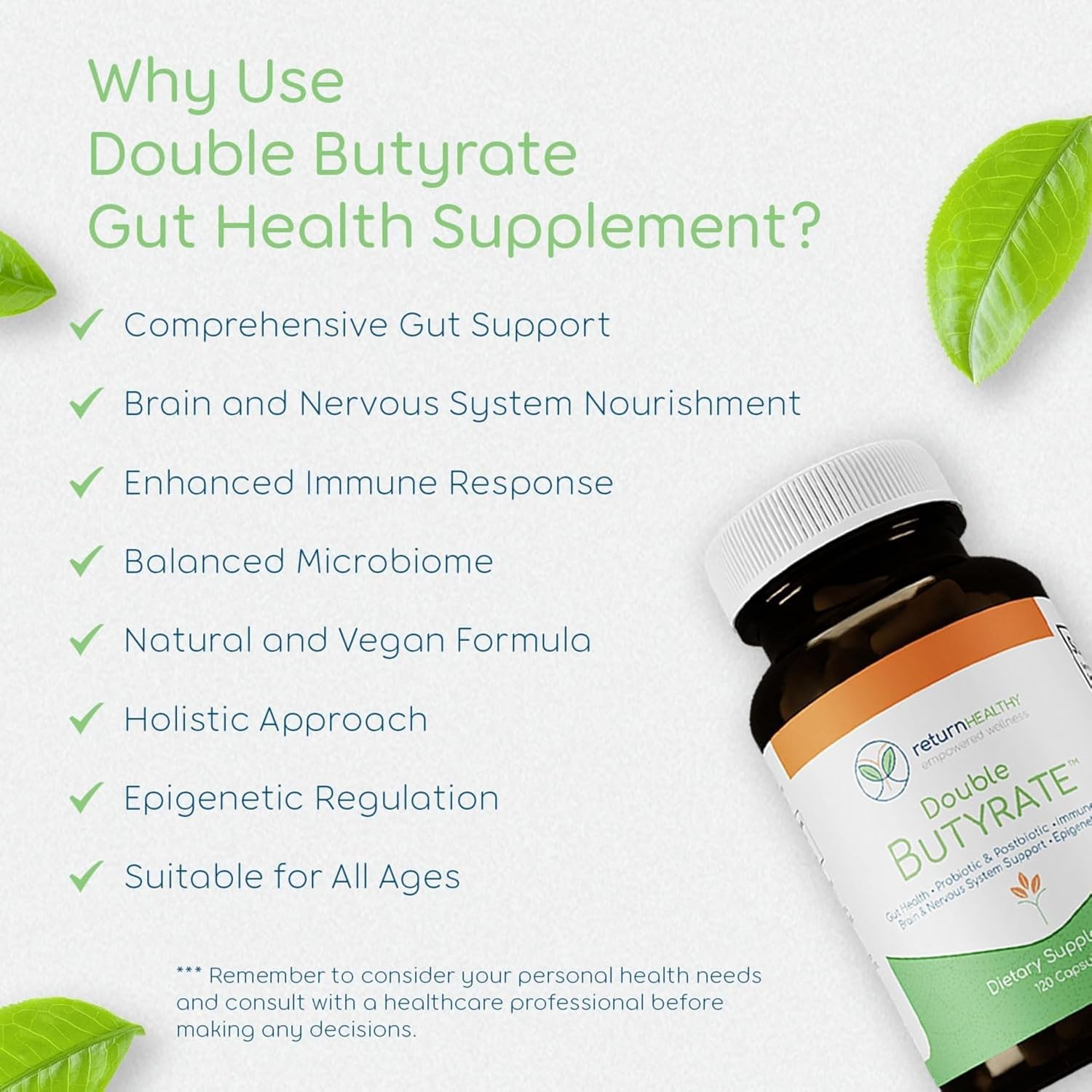 Double Butyrate Gut Health Supplement with Probiotic & Postbiotic Digestive Support - 120 Capsules, 3 Pack - Enhances Immune, Brain, & Nervous Systems - Odor-Free Formula