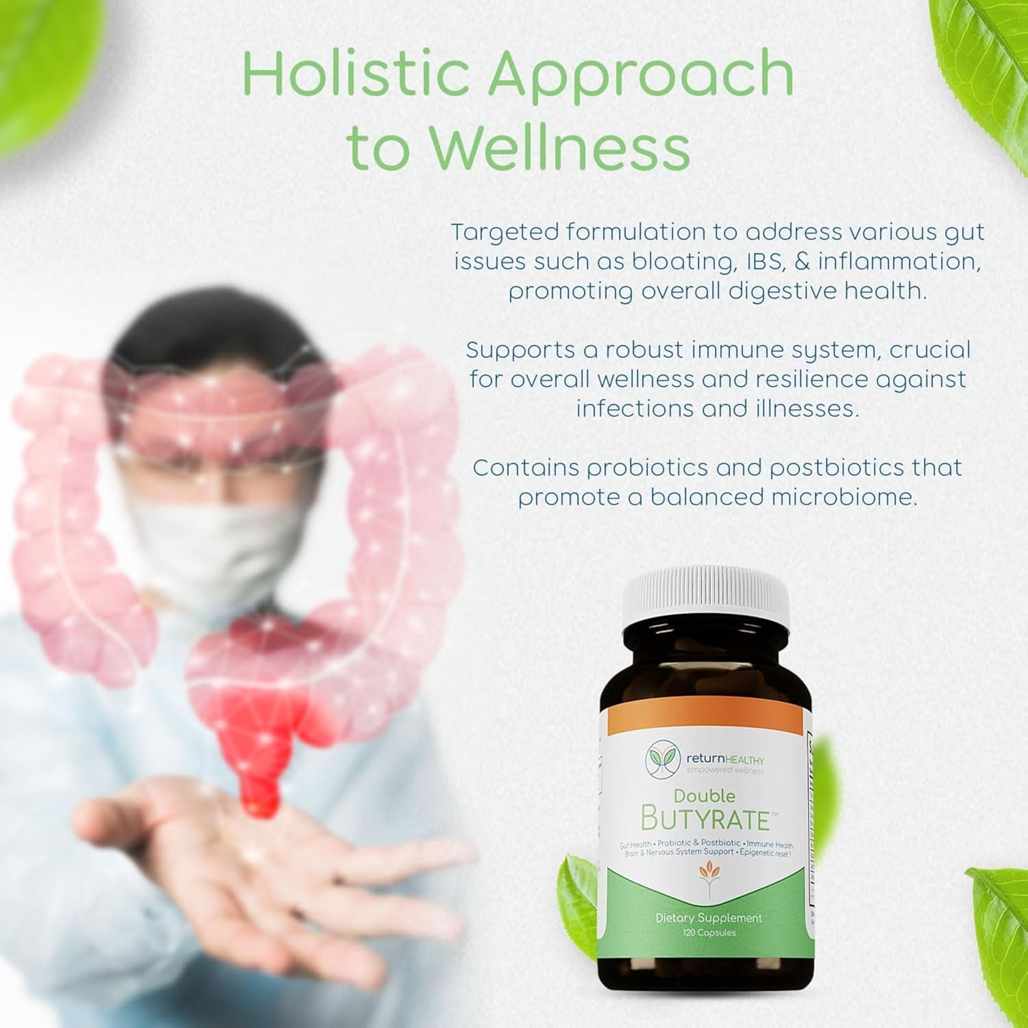 Double Butyrate Gut Health Supplement with Probiotic & Postbiotic Digestive Support - 120 Capsules, 3 Pack - Enhances Immune, Brain, & Nervous Systems - Odor-Free Formula