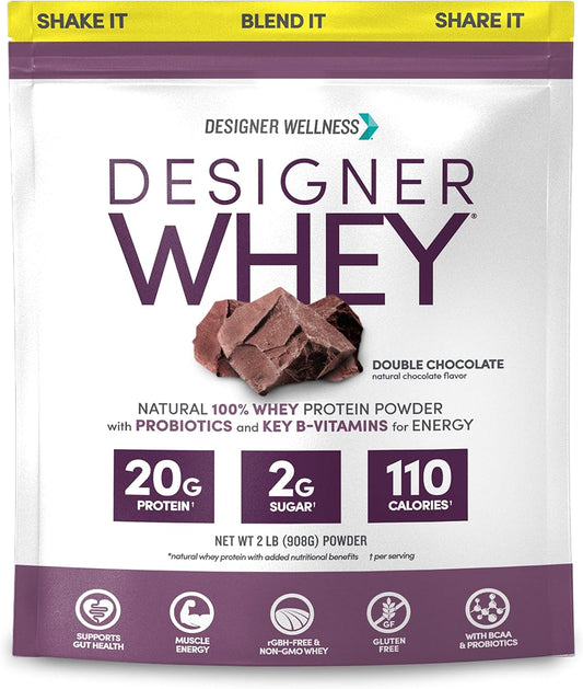 Double Chocolate Designer Wellness Whey Protein Powder with Probiotics, Fiber, and B-Vitamins - Gluten-Free & Kosher - 2 lb