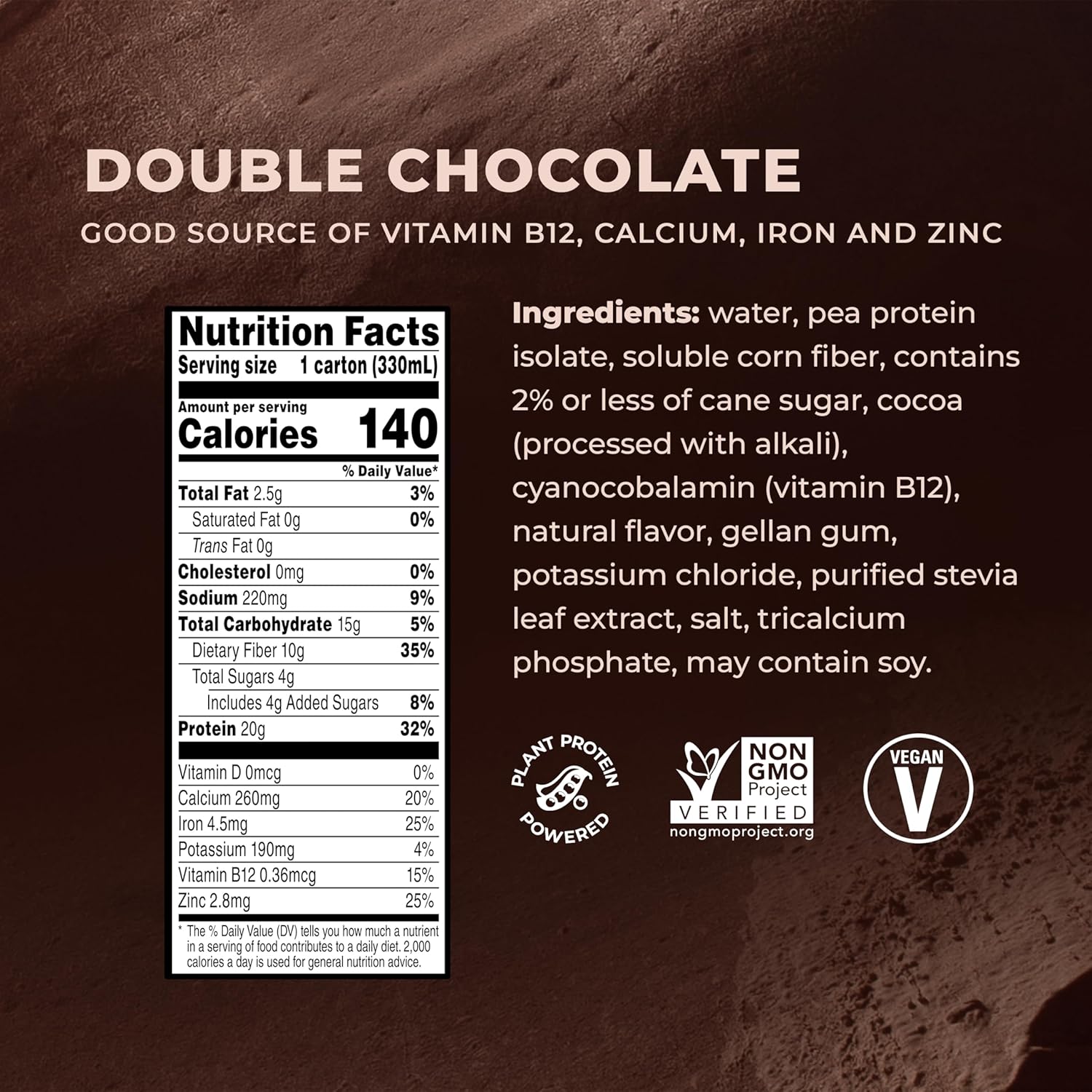 Double Chocolate Plant Based Protein Shake, 20g Vegan Protein, Dairy Free, No Artificial Sweeteners, Non-GMO, 10g Fiber, 11 Fl Oz (Pack of 12)