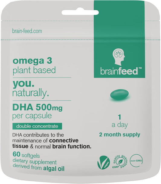 Double Concentrate Vegan DHA Supplements - 1000mg x 2 Capsules - Brain & Eye Health Support - Omega 3 Algae Oil - 2 Month Supply