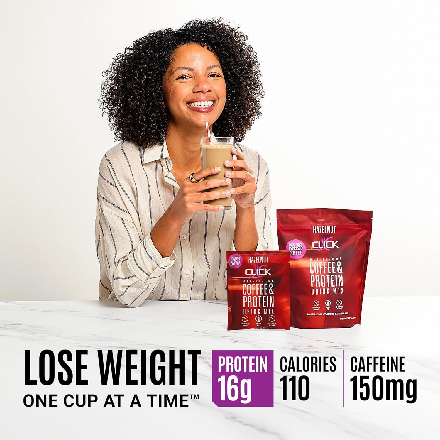 Double Shot Espresso Click Coffee Protein Powder - 16g Protein, 23 Vitamins, Low Calorie Meal Replacement - Hazelnut Flavor
