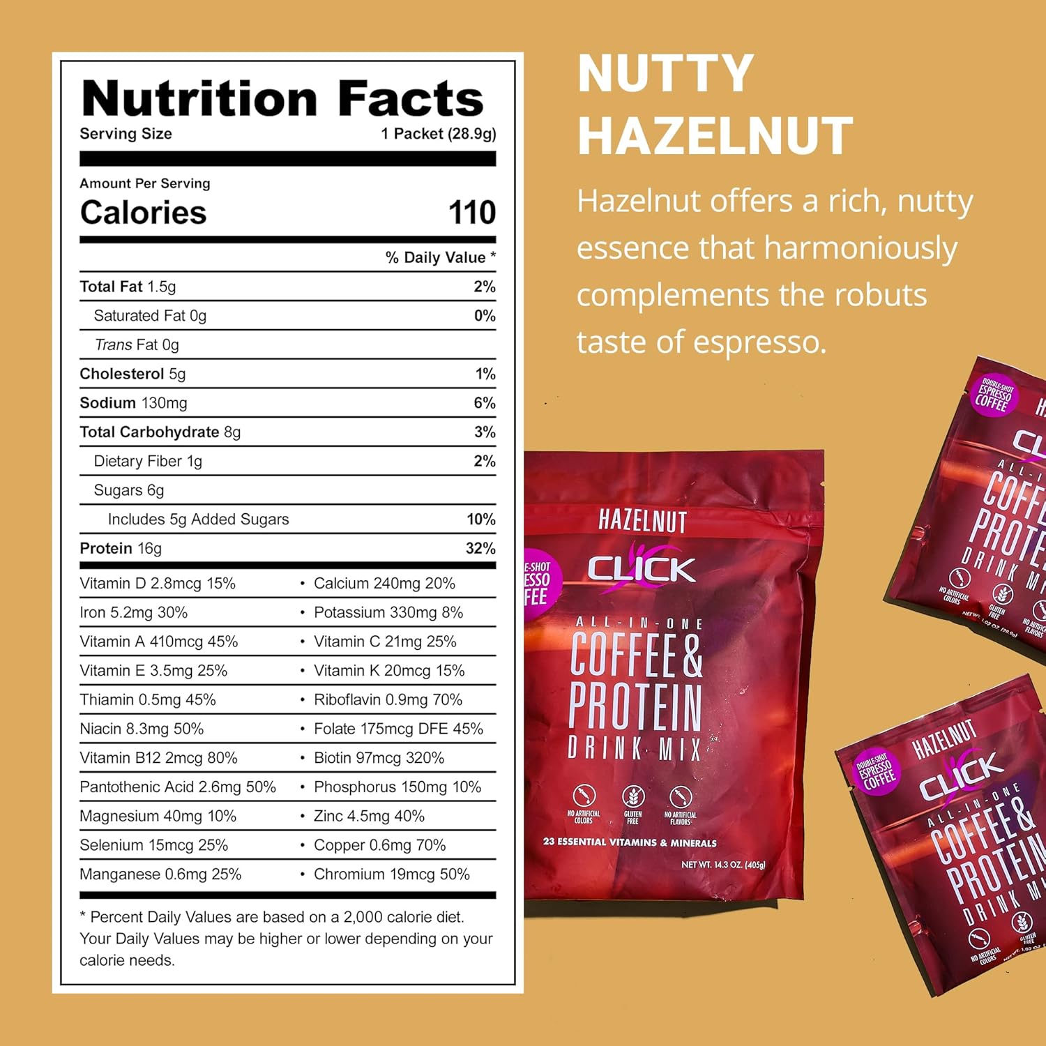 Double Shot Espresso Click Coffee Protein Powder - 16g Protein, 23 Vitamins, Low Calorie Meal Replacement - Hazelnut Flavor