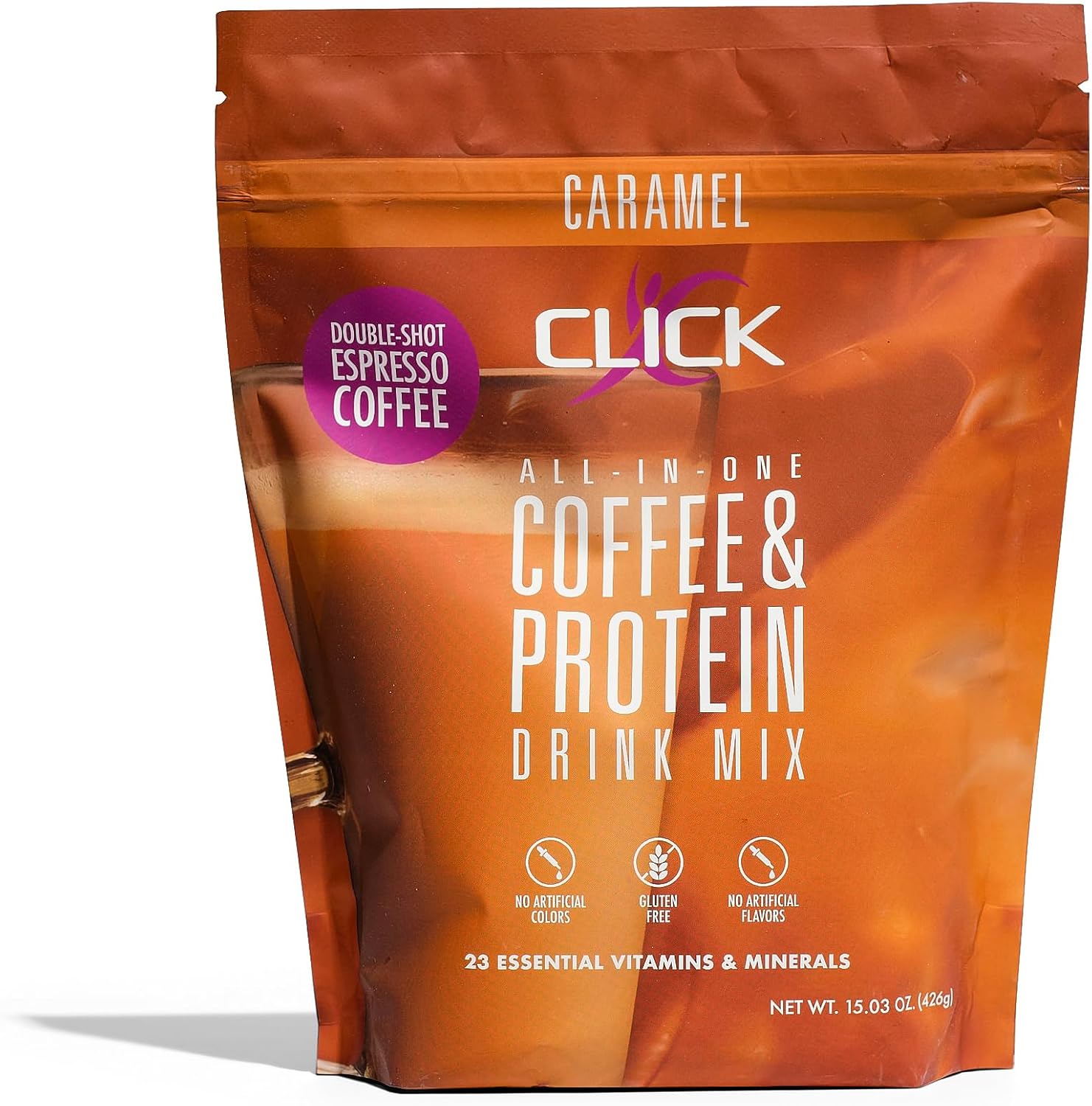 Double Shot Espresso Click Coffee Protein Powder with 16g Protein, 23 Vitamins, Low Calorie Meal Replacement, 150mg Caffeine, Gluten Free - Caramel Flavor