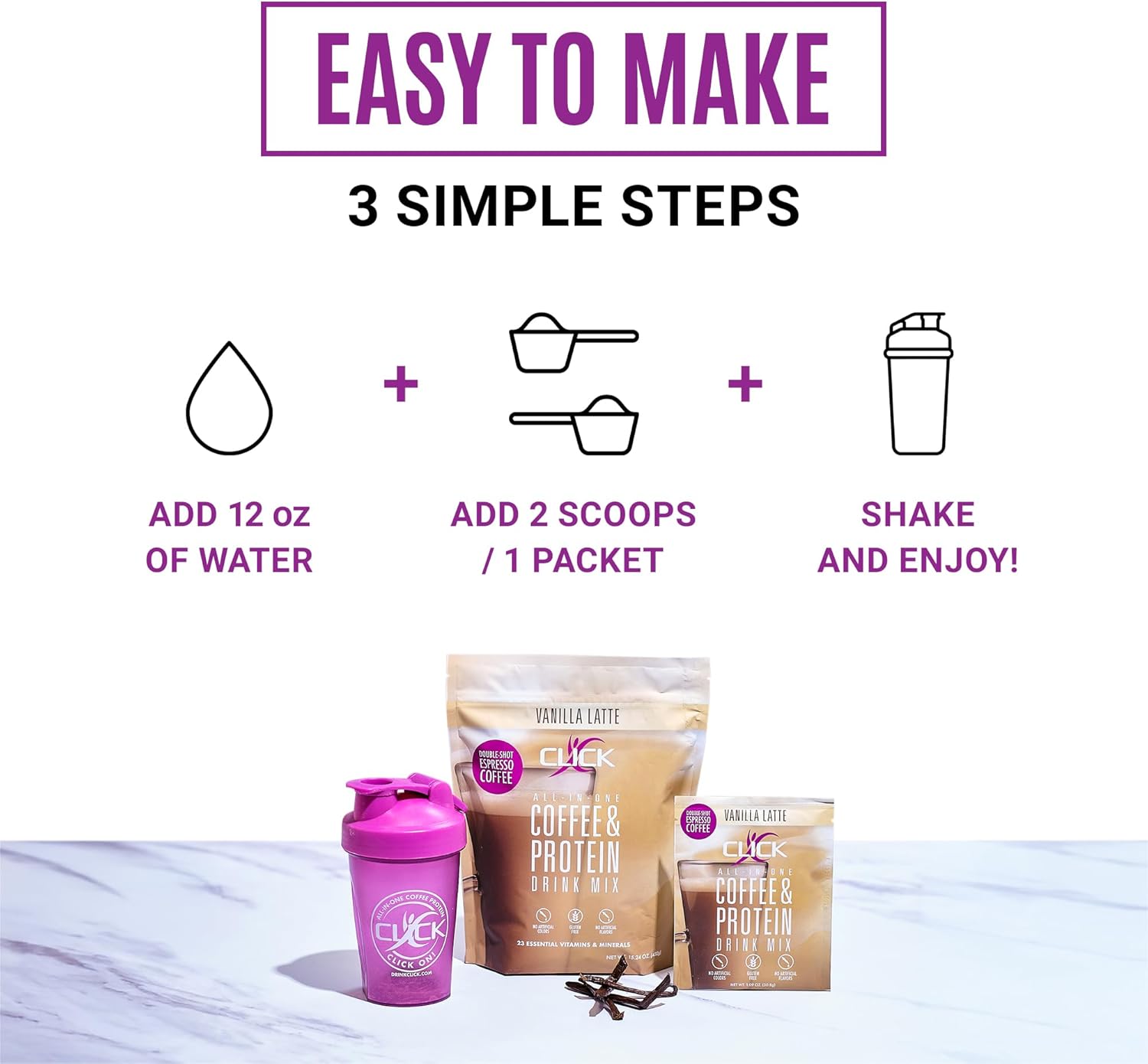 Double Shot Espresso Click Coffee Protein Powder with 16g Protein, 23 Vitamins, Low Calorie Meal Replacement - Gluten Free & No Artificial Flavors!
