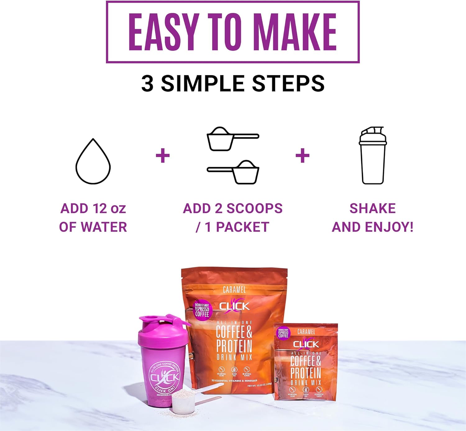 Double Shot Espresso Click Coffee Protein Powder with 16g Protein, 23 Vitamins, Low Calorie Meal Replacement, 150mg Caffeine, Gluten Free - Caramel Flavor
