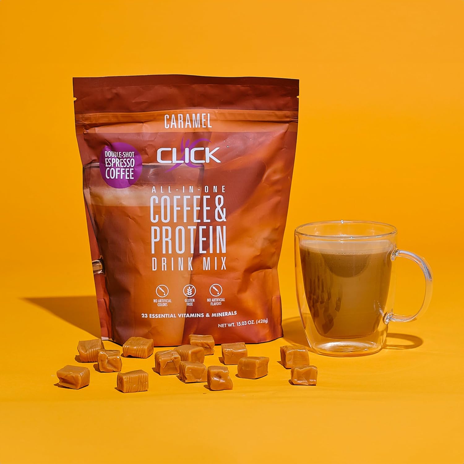 Double Shot Espresso Click Coffee Protein Powder with 16g Protein, 23 Vitamins, Low Calorie Meal Replacement, 150mg Caffeine, Gluten Free - Caramel Flavor