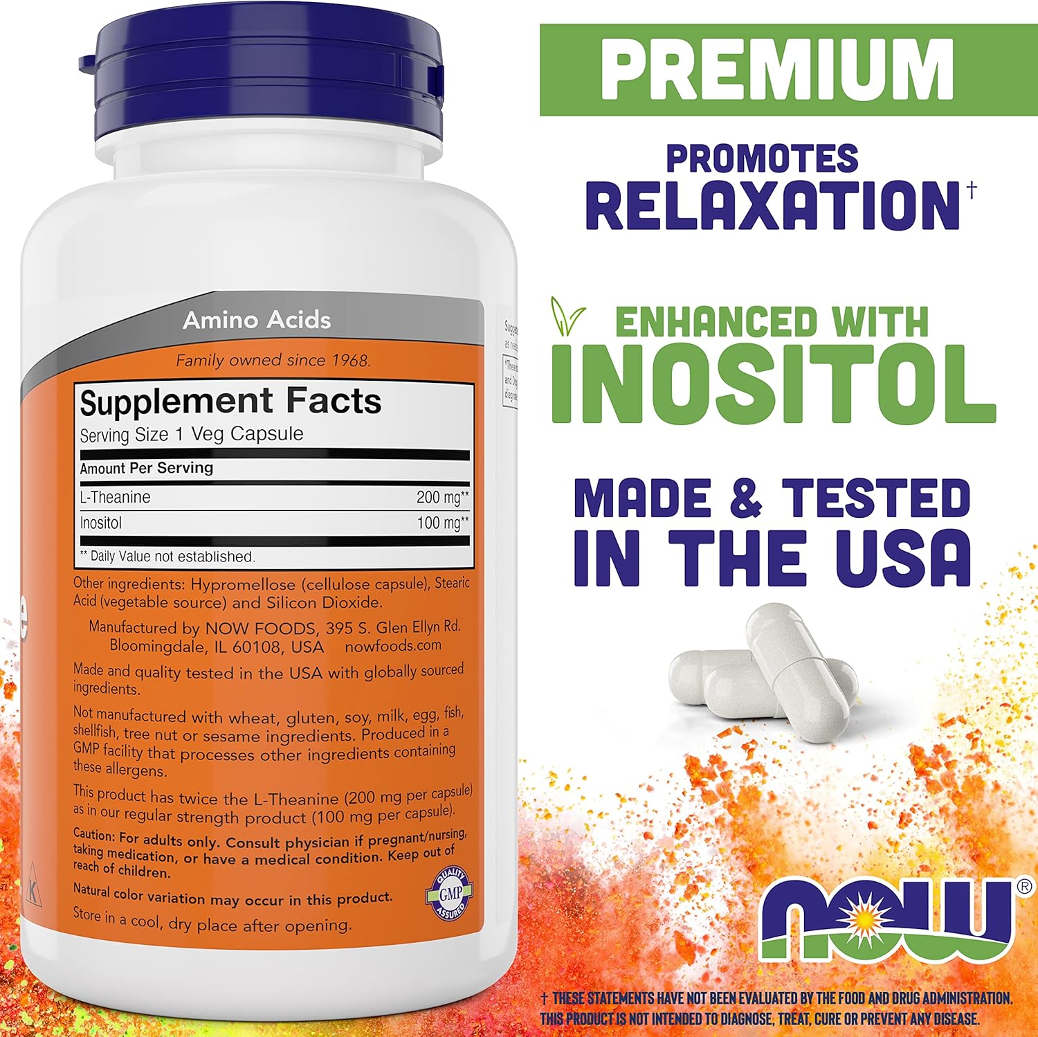 Double Strength L-Theanine 200mg Capsules - 360 Total Capsules - Enhanced with 100mg Inositol - Vegetarian, Non-GMO Supplement by NOW Foods