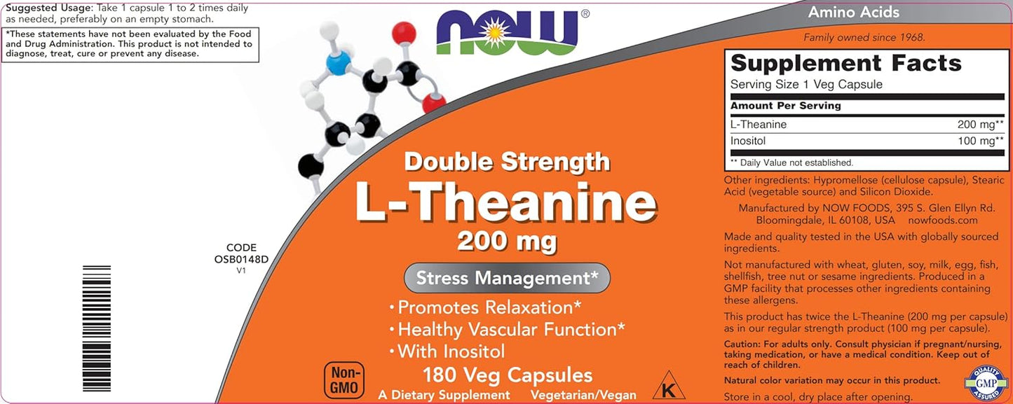 Double Strength L-Theanine 200mg Capsules - 360 Total Capsules - Enhanced with 100mg Inositol - Vegetarian, Non-GMO Supplement by NOW Foods