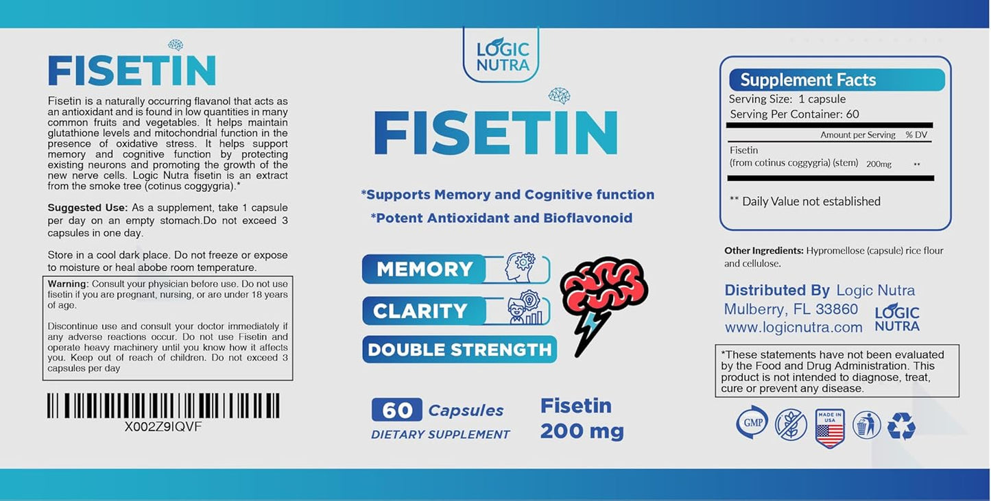 Double Strength Logic Nutra Fisetin Capsules - 200mg Antioxidant Supplement for Wellness - 60 Count