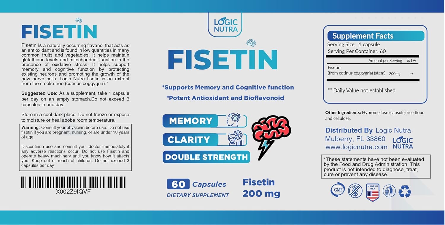 Double Strength Logic Nutra Fisetin Capsules - 200mg Antioxidant Supplement for Wellness - 60 Count