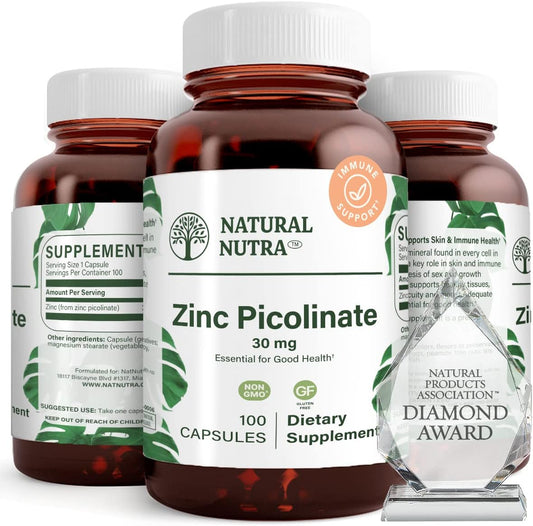 Double Strength Natural Nutra Zinc Picolinate 30 mg Capsules for Growth, Immune Support, and Skin Health, Highly Bioavailable Supplement for Metabolic System