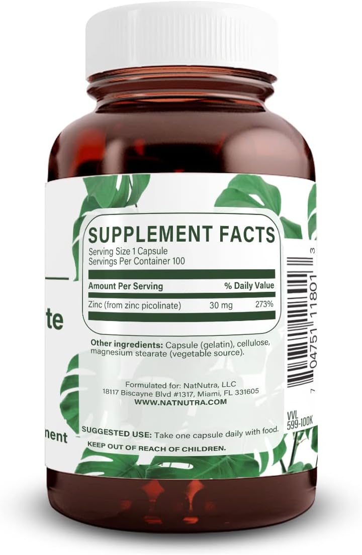 Double Strength Natural Nutra Zinc Picolinate 30 mg Capsules for Growth, Immune Support, and Skin Health, Highly Bioavailable Supplement for Metabolic System
