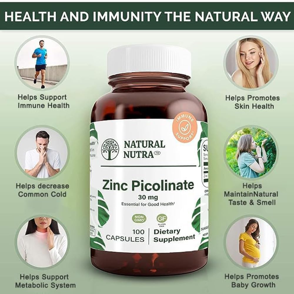 Double Strength Natural Nutra Zinc Picolinate 30 mg Capsules for Growth, Immune Support, and Skin Health, Highly Bioavailable Supplement for Metabolic System