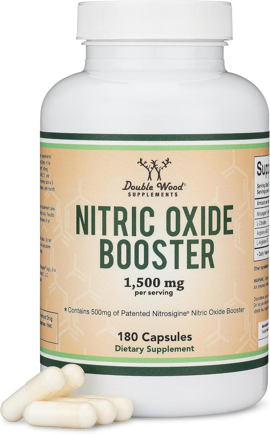 Double Wood Nitric Oxide Booster Supplement - Stimulant-Free Pre Workout with Nitrosigine, L Arginine, L Citrulline - 180 Capsules, Clinically Studied for No2 Flow Boost