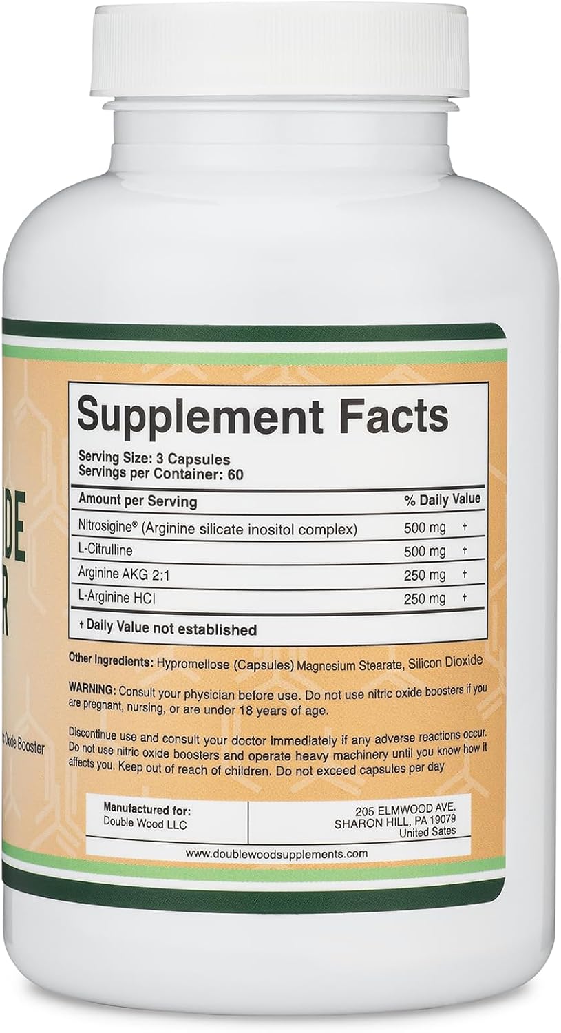 Double Wood Nitric Oxide Booster Supplement - Stimulant-Free Pre Workout with Nitrosigine, L Arginine, L Citrulline - 180 Capsules, Clinically Studied for No2 Flow Boost