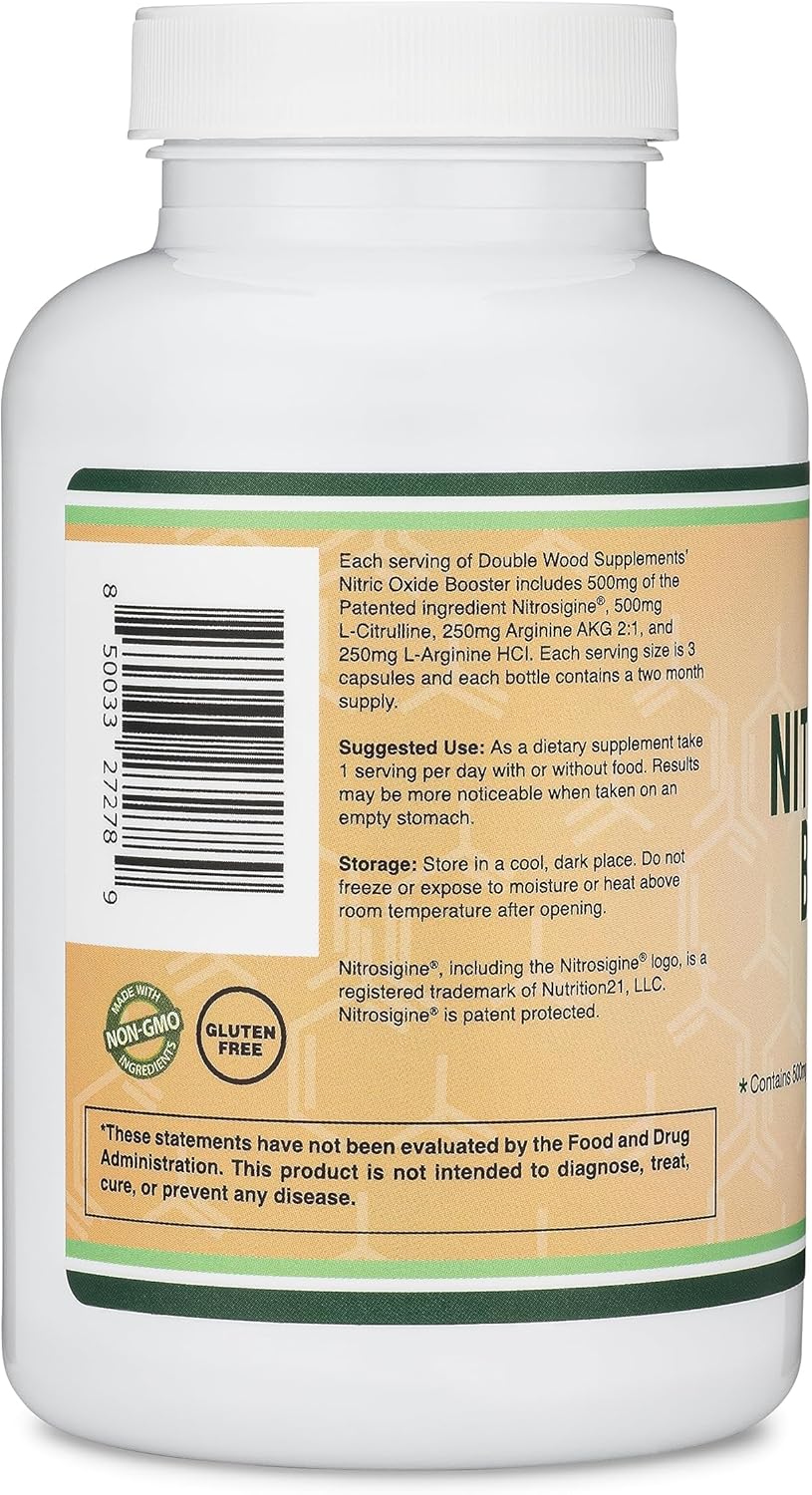 Double Wood Nitric Oxide Booster Supplement - Stimulant-Free Pre Workout with Nitrosigine, L Arginine, L Citrulline - 180 Capsules, Clinically Studied for No2 Flow Boost