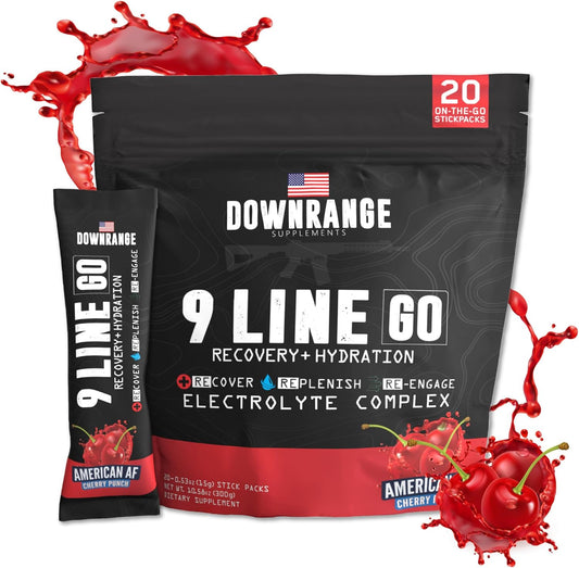 DownRange 9 Line Go Recovery Powder Packets - Electrolytes, Amino Acids, & Coconut Water for Muscle Recovery & Energy - 20 Sticks - Cherry Punch