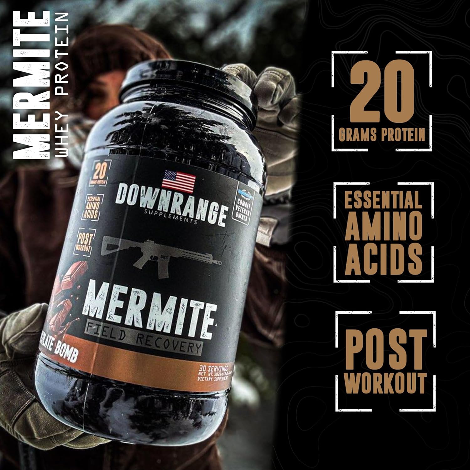 DownRange Mermite Whey Protein Powder - Post Workout Recovery, Energy Support - 20g Protein, 9g Amino Acids - Chocolate Flavor - 30 Servings