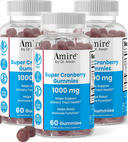 Dr. Awan's Amire Super Cranberry Gummies, 180ct, Gelatin-Free Chews for Urinary Health & Immune Support