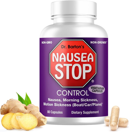 Dr. Barton's Dizzy Stop - Natural Ginger Nausea Relief Pills for Adults & Kids - Non-Drowsy Anti-Nausea Formula - Travel Essential - 80 Capsules