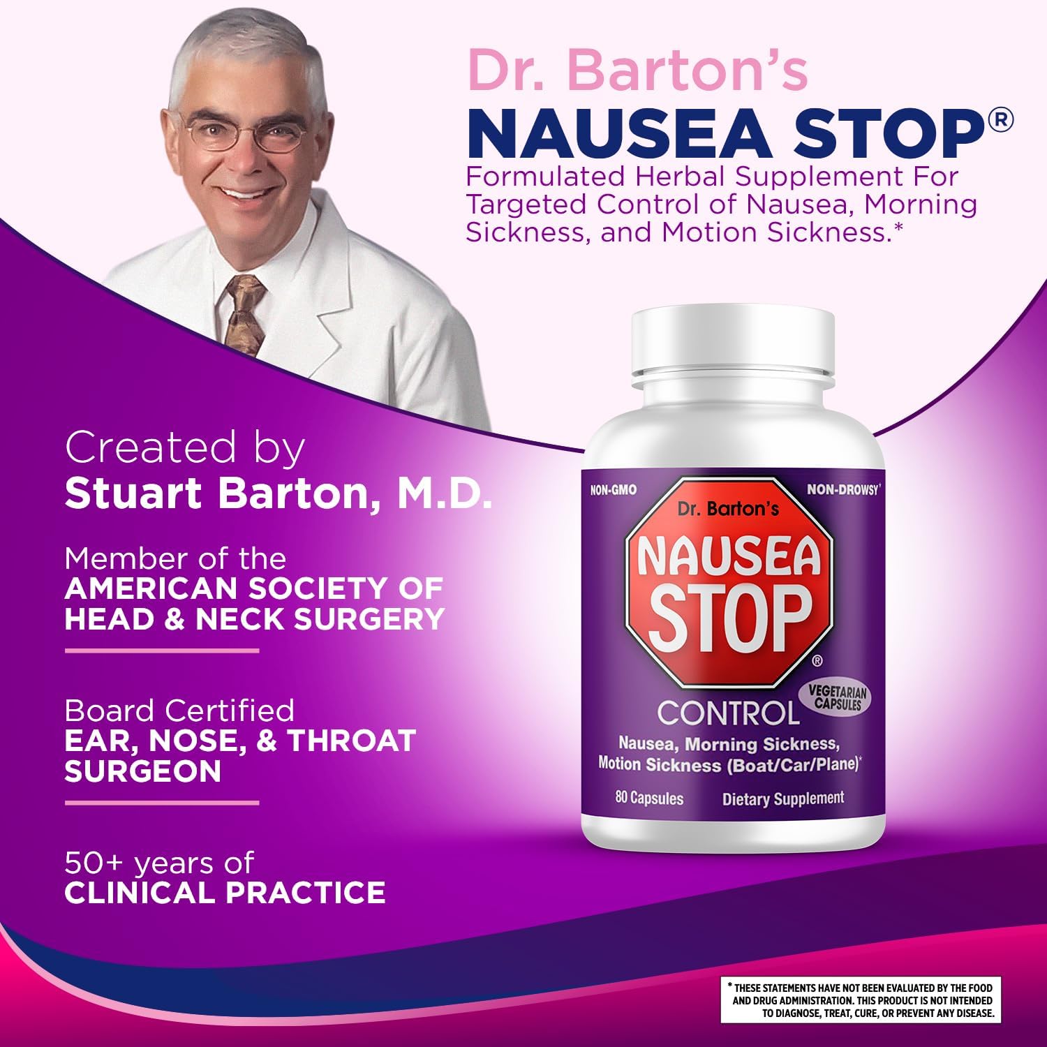 Dr. Barton's Dizzy Stop - Natural Ginger Nausea Relief Pills for Adults & Kids - Non-Drowsy Anti-Nausea Formula - Travel Essential - 80 Capsules