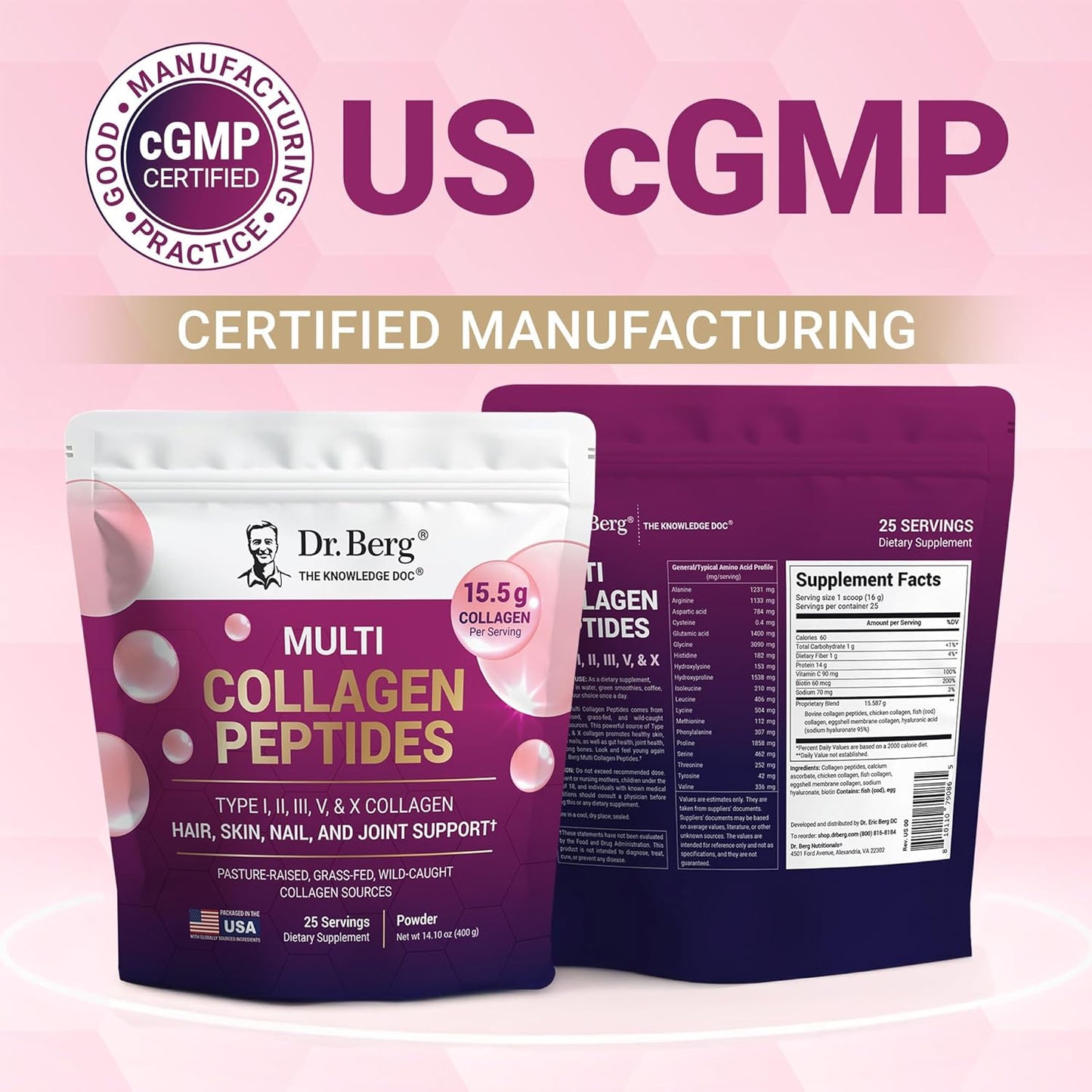 Dr. Berg Multi Collagen Peptides Powder - Unflavored with 14g Protein - Grass-Fed & Wild-Caught - 25 Servings