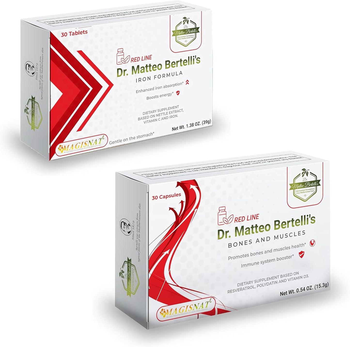 Dr. Bertelli's Bone, Muscle, and Iron Support Combo - Resveratrol, Polydatin, Vitamin D3 & C, Nettle Extract, Iron (30 Caps & 30 Tabs)