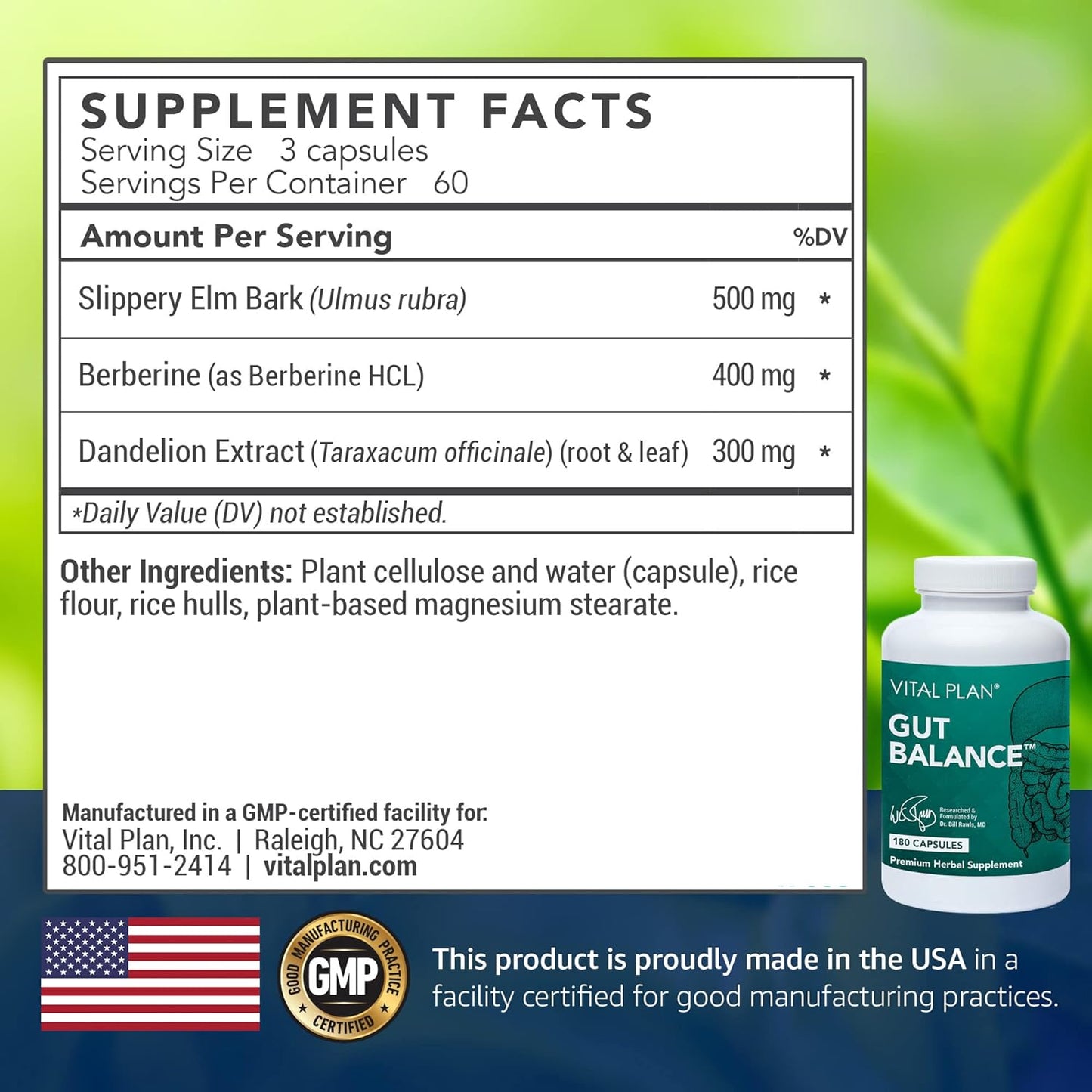 Dr. Bill Rawls Gut Balance Supplement: Advanced Digestive Health Formula with Slippery Elm, Berberine, Dandelion Extract - 180 Capsules for Women & Men