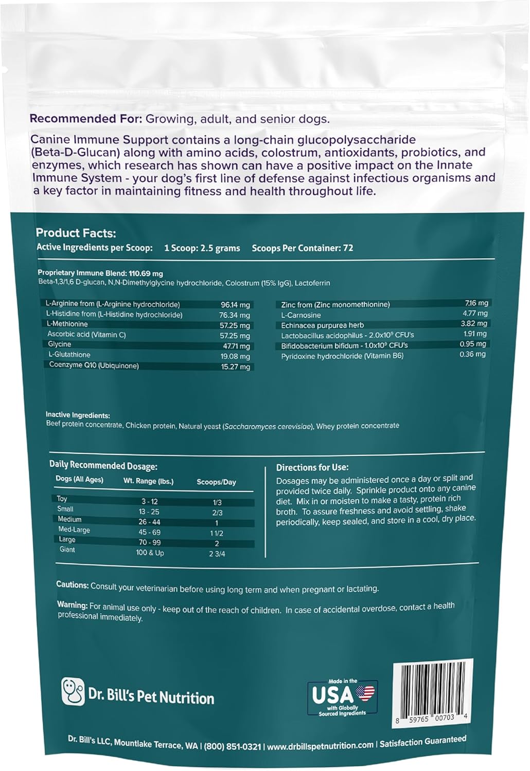 Dr. Bill's Canine Immune Support with Colostrum, Beta Glucan, Zinc, and Coenzyme Q-10 - Pet Supplement for Dogs