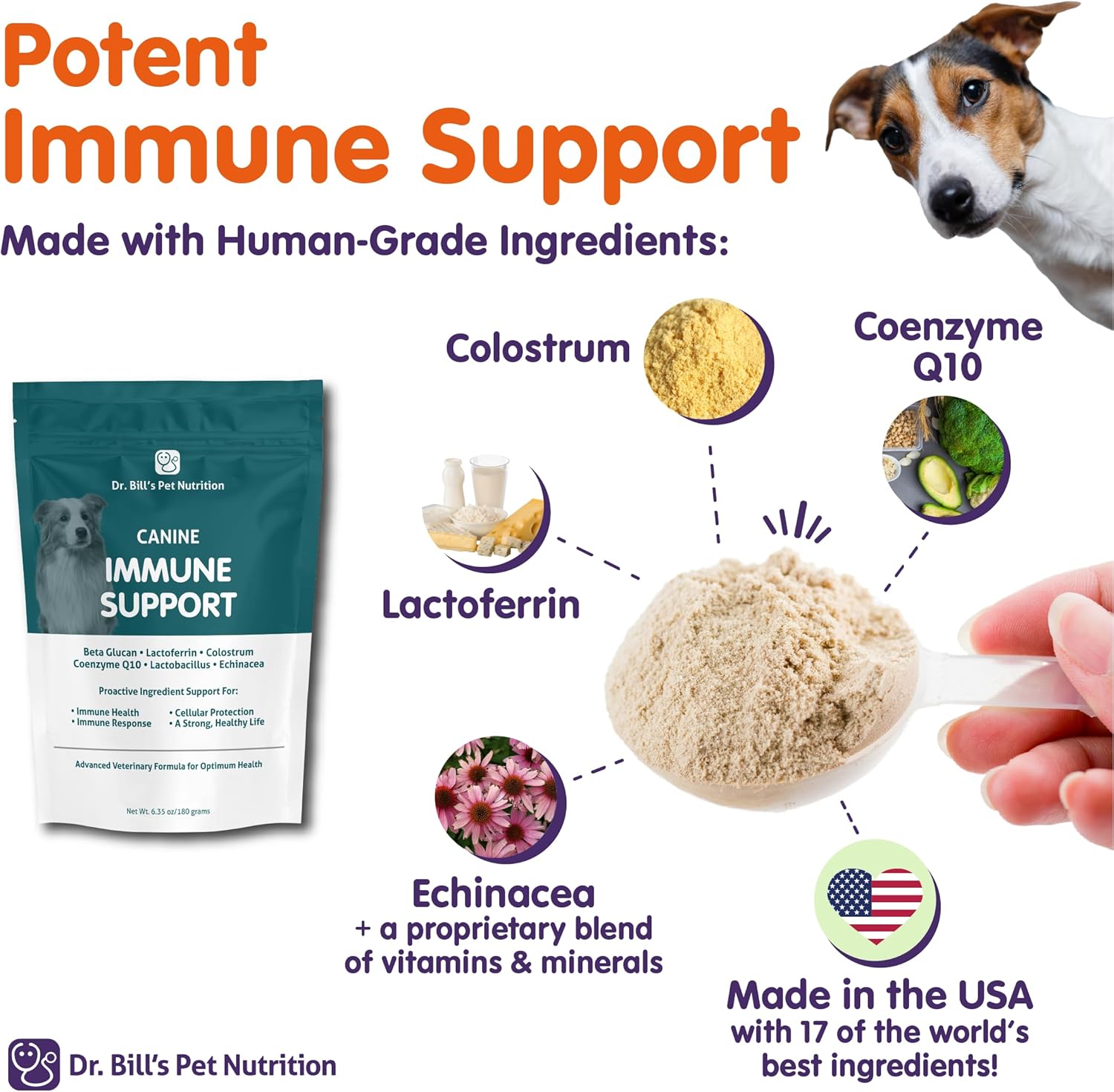 Dr. Bill's Canine Immune Support with Colostrum, Beta Glucan, Zinc, and Coenzyme Q-10 - Pet Supplement for Dogs