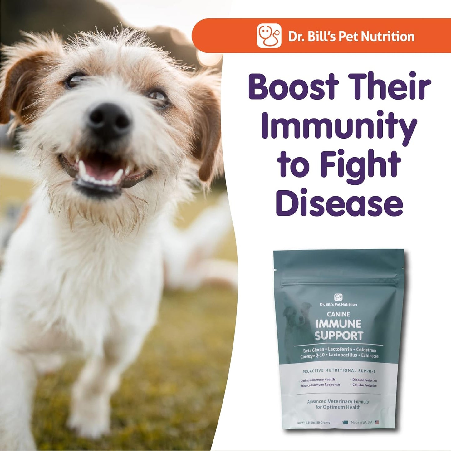 Dr. Bill's Canine Immune Support with Colostrum, Beta Glucan, Zinc, and Coenzyme Q-10 - Pet Supplement for Dogs