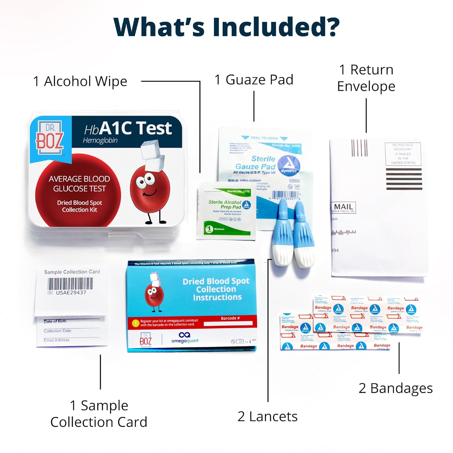 Dr. Boz Hemoglobin A1C Test Kit - Home Blood Collection for Sugar Levels - Includes Lancets, Bandages, Alcohol Wipes - USA Made - Diabetes Self Care & Monitoring