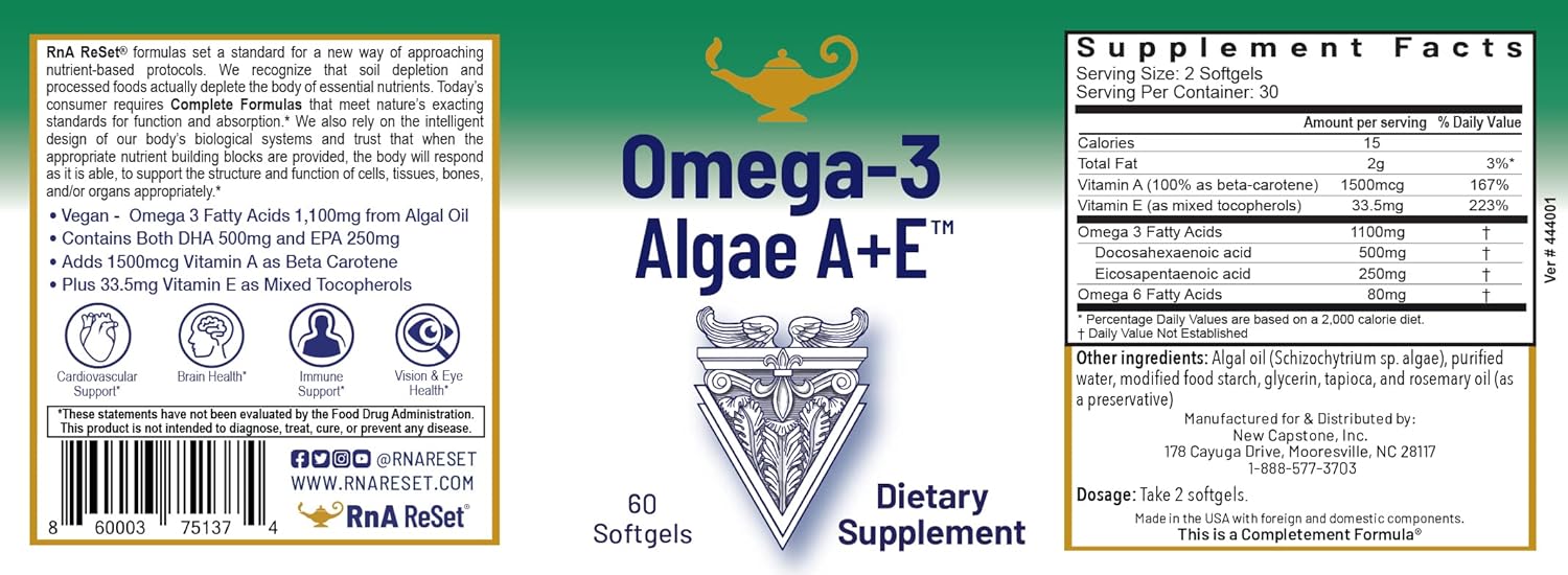 Dr. Carolyn Dean's Omega-3 Algae A+E Plant Based DHA & EPA Fatty Acids - Vegan Alternative to Fish Oil - Supports Heart, Brain, Joint Health - with Vitamin A and E