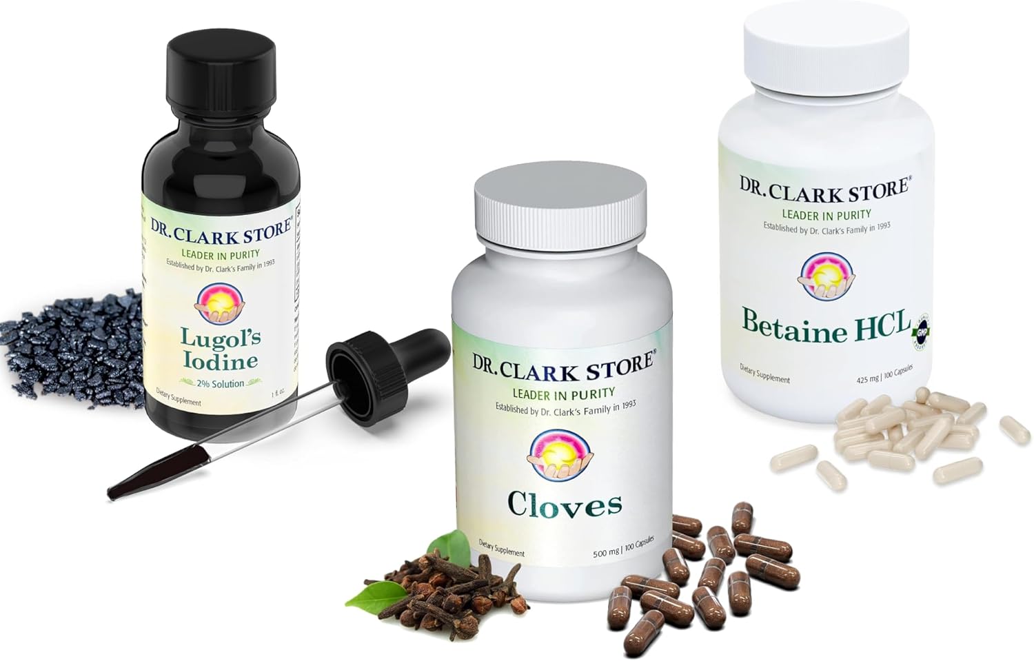 Dr. Clark Lugol’s Iodine 1 fl. Oz + Betaine HCL Digestive Enzymes 425 mg + Cloves Healthcare Supplement 500 mg by Dr. Clark
