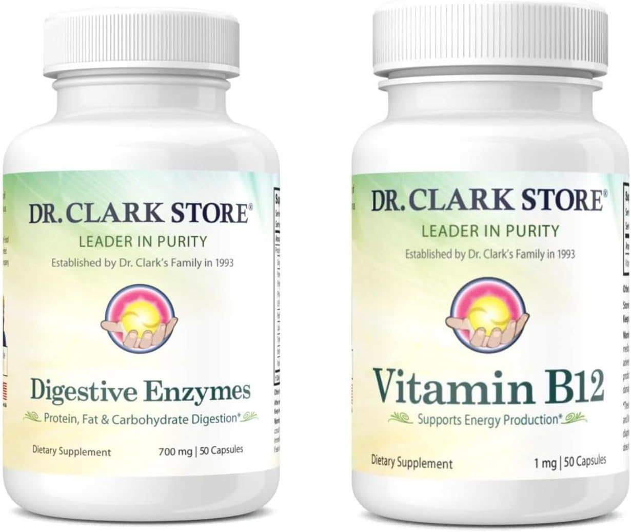 Dr. Clark Store Digestive Enzymes & Vitamin B12 Supplement Combo - 50 Gelatin Capsules each