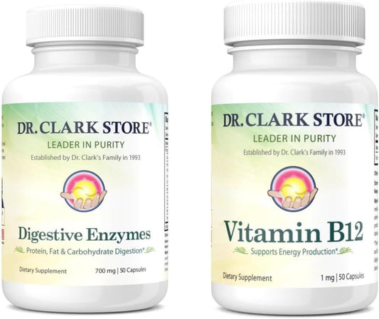 Dr. Clark Store Digestive Enzymes & Vitamin B12 Supplement Combo - 50 Gelatin Capsules each