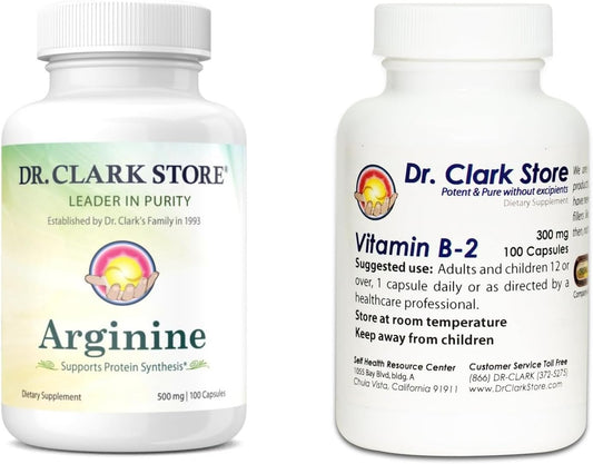 Dr. Clark Store Vitamin B2 & Arginine Supplement Combo - 100 Gelatin Capsules Each