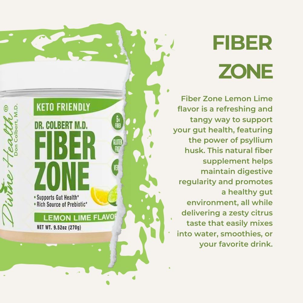 Dr Colbert MD Fiber Zone Powder | Lemon-Lime Flavor | Prebiotics & Fiber Blend | Psyllium Husk & Inulin | 6g Fiber | Healthy Gut Support